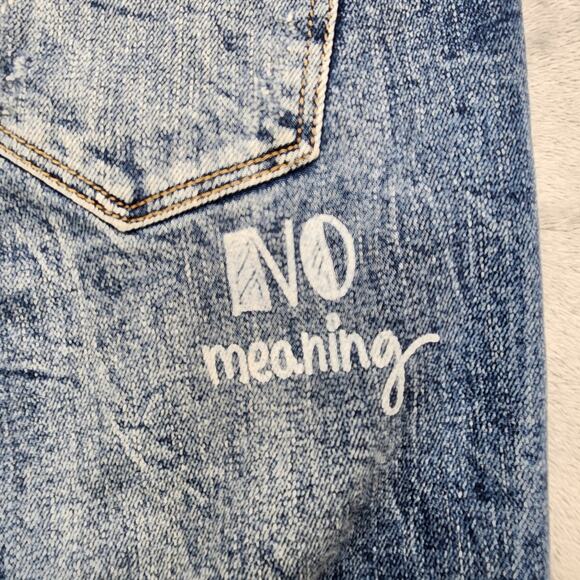 Zara Trafaluc denimwear Jeans Womens 8 Blue Distressed Graffiti Slim Leg Raw Hem - Picture 9 of 16